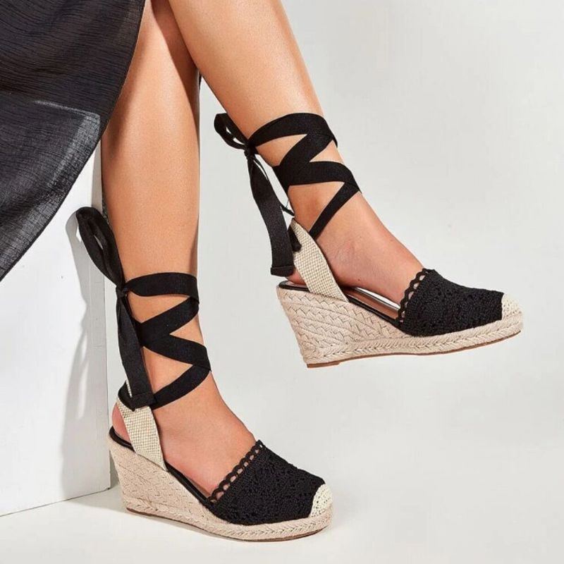 Damen Casual Lace Closed Toe Cross Strap Espadrille Wedges