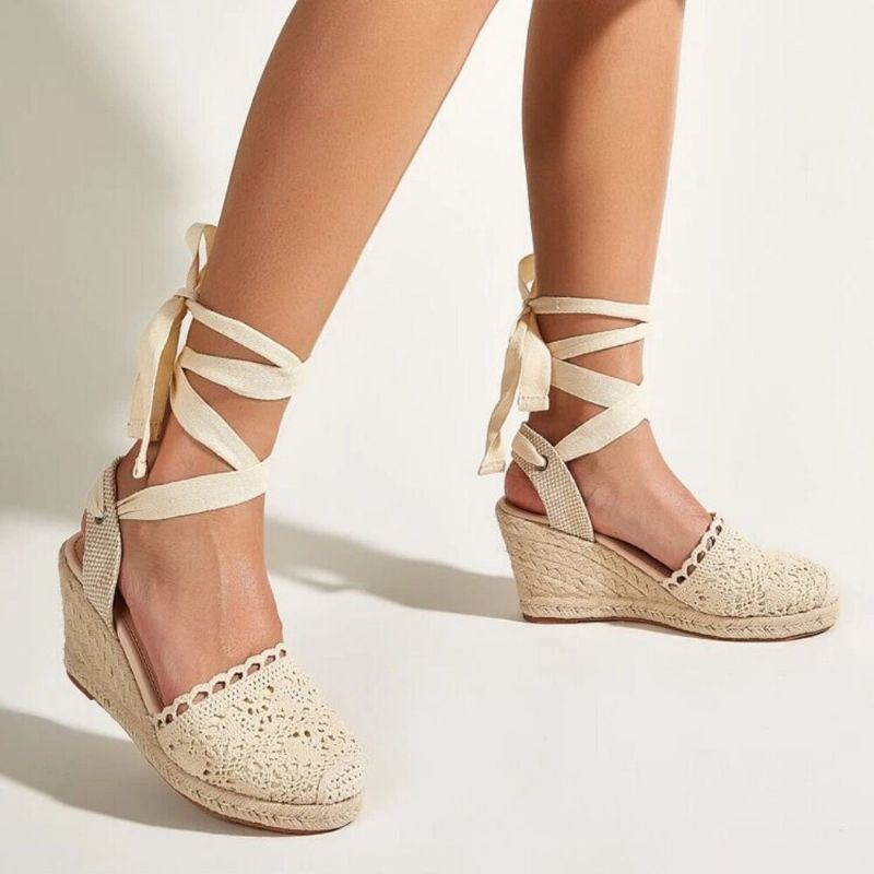 Damen Casual Lace Closed Toe Cross Strap Espadrille Wedges