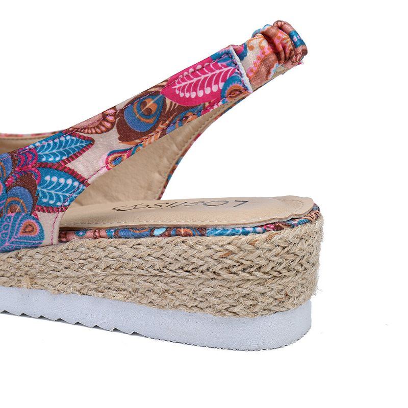 Damen Pfauenmuster Espadrille Bequeme Peep Toe Plateauschuhe Mit Keilabsatz