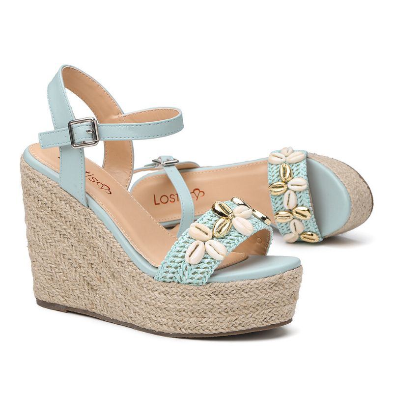 Damen Plateau Sandalen Mit Espadrille Schnalle