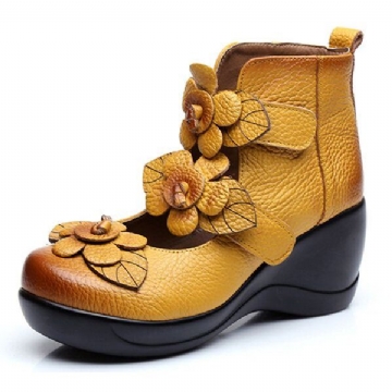 Damen Echtes Leder Blumen Retro Klettverschluss Platporm Schuhe