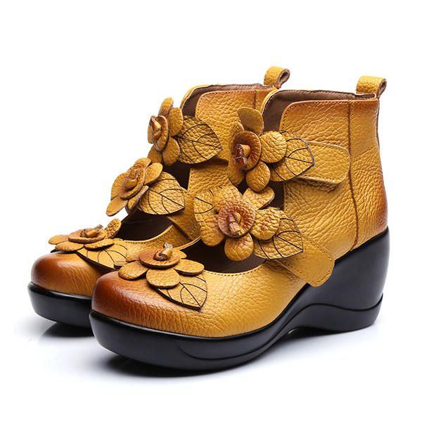 Damen Echtes Leder Blumen Retro Klettverschluss Platporm Schuhe