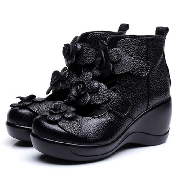 Damen Echtes Leder Blumen Retro Klettverschluss Platporm Schuhe