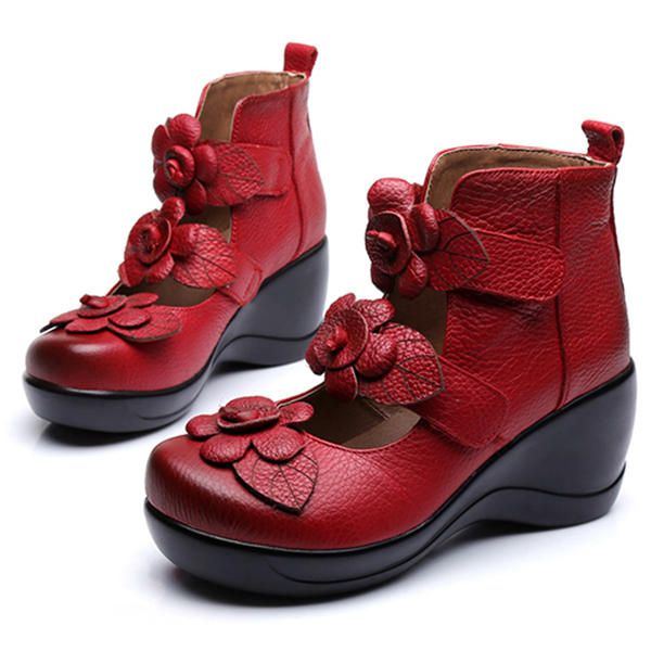 Damen Echtes Leder Blumen Retro Klettverschluss Platporm Schuhe