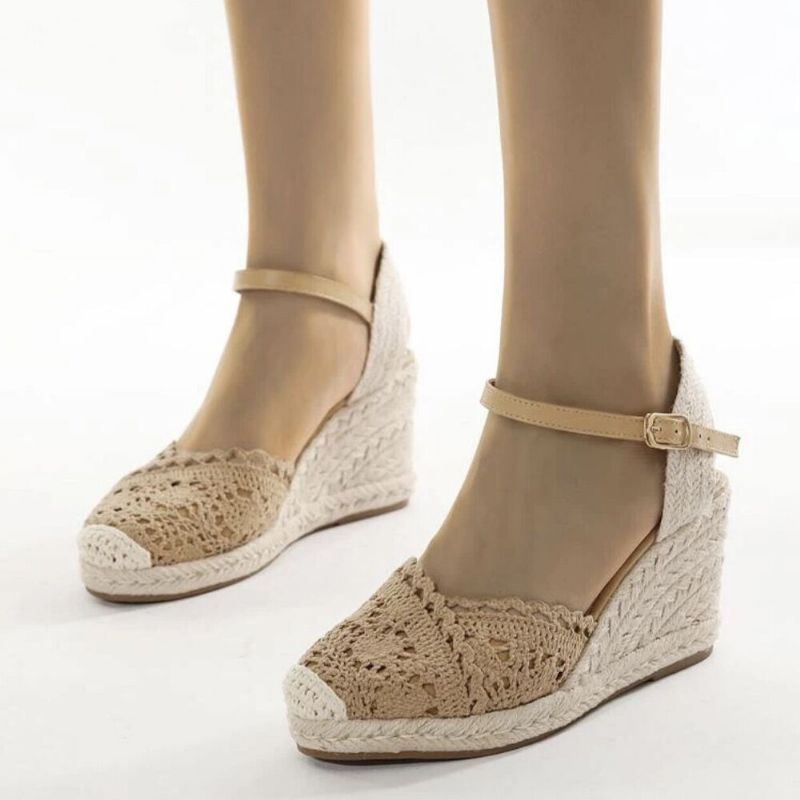 Lässige Atmungsaktive Damen Spitze Mit Geschlossener Zehenschnalle Bequeme Espadrille Wedges