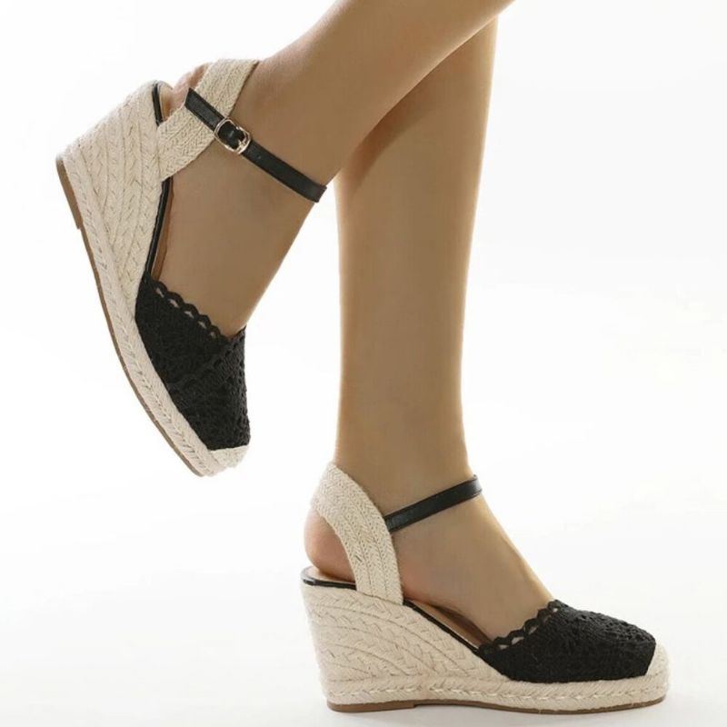 Lässige Atmungsaktive Damen Spitze Mit Geschlossener Zehenschnalle Bequeme Espadrille Wedges