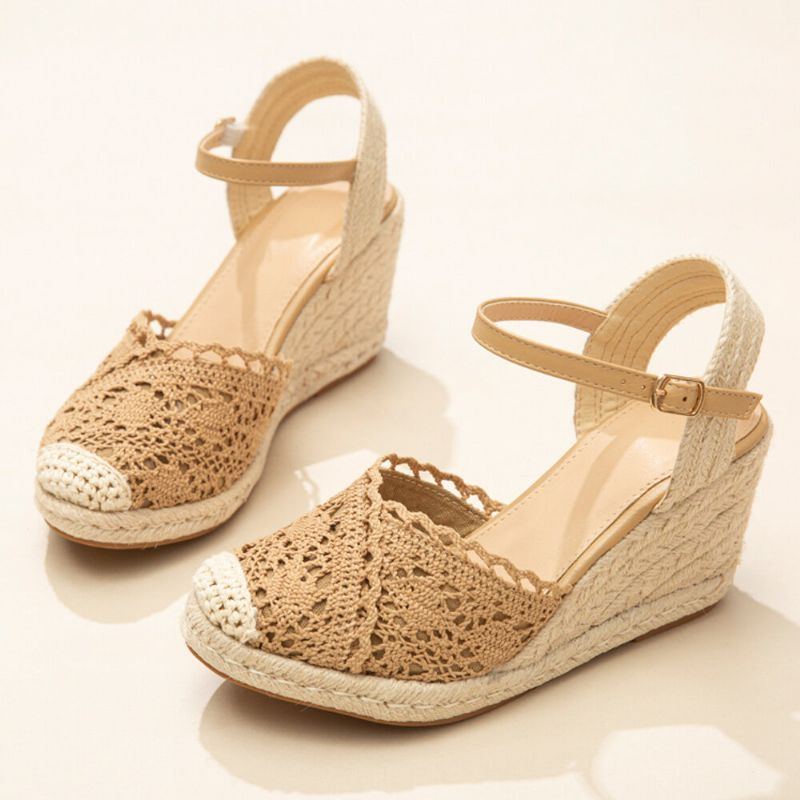 Lässige Atmungsaktive Damen Spitze Mit Geschlossener Zehenschnalle Bequeme Espadrille Wedges