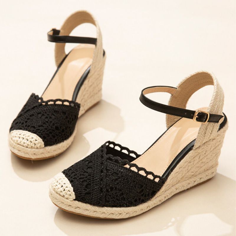 Lässige Atmungsaktive Damen Spitze Mit Geschlossener Zehenschnalle Bequeme Espadrille Wedges