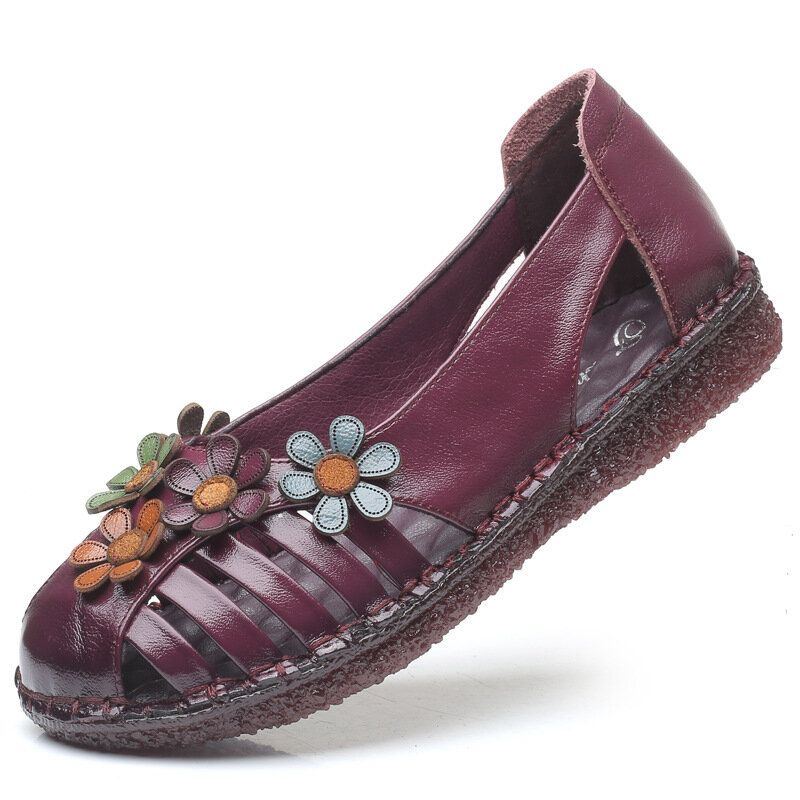 Atmungsaktive Blumendekoration Aus Echtem Leder Für Damen Retro Slip On Weiche Wohnungen