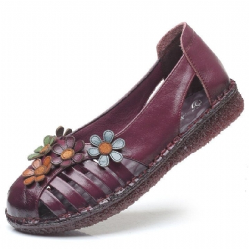 Atmungsaktive Blumendekoration Aus Echtem Leder Für Damen Retro Slip On Weiche Wohnungen