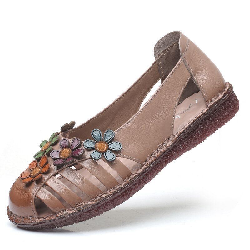 Atmungsaktive Blumendekoration Aus Echtem Leder Für Damen Retro Slip On Weiche Wohnungen