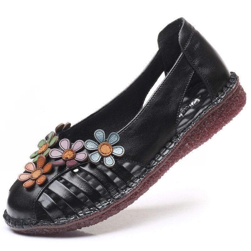 Atmungsaktive Blumendekoration Aus Echtem Leder Für Damen Retro Slip On Weiche Wohnungen