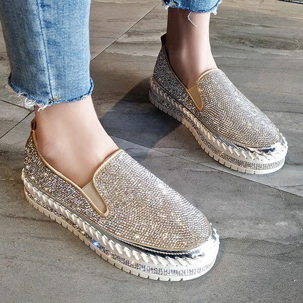 Atmungsaktive Slip On Bequeme Casual Flats In Übergröße Mit Strassverzierung Für Damen