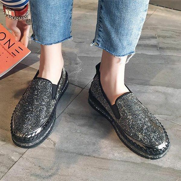 Atmungsaktive Slip On Bequeme Casual Flats In Übergröße Mit Strassverzierung Für Damen