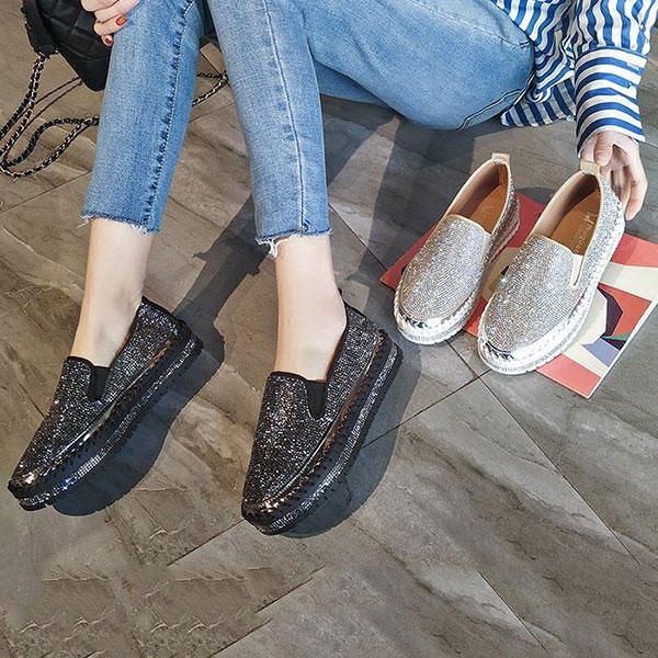 Atmungsaktive Slip On Bequeme Casual Flats In Übergröße Mit Strassverzierung Für Damen