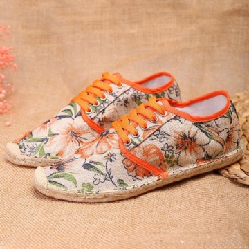 Bequeme Atmungsaktive Tragbare Und Schnürbare Espadrille Schuhe Aus Leinen Mit Blumenmuster Für Damen