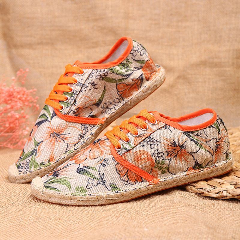 Bequeme Atmungsaktive Tragbare Und Schnürbare Espadrille Schuhe Aus Leinen Mit Blumenmuster Für Damen