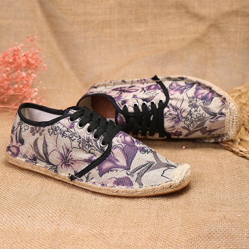 Bequeme Atmungsaktive Tragbare Und Schnürbare Espadrille Schuhe Aus Leinen Mit Blumenmuster Für Damen