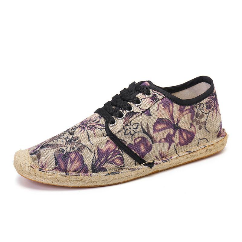 Bequeme Atmungsaktive Tragbare Und Schnürbare Espadrille Schuhe Aus Leinen Mit Blumenmuster Für Damen