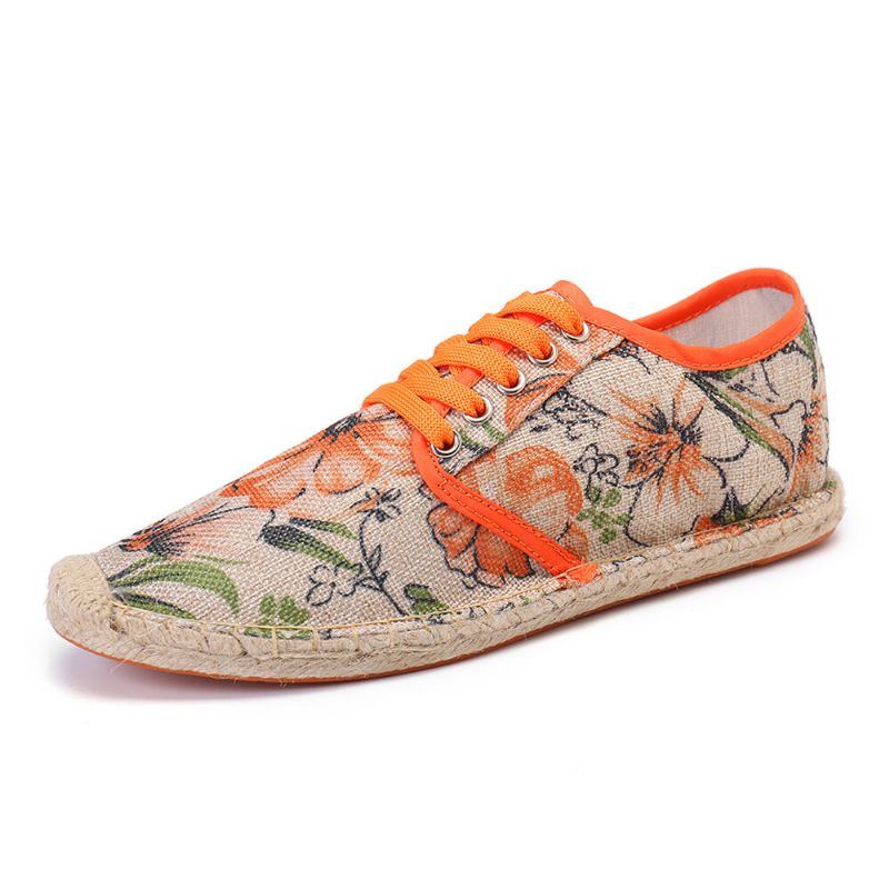 Bequeme Atmungsaktive Tragbare Und Schnürbare Espadrille Schuhe Aus Leinen Mit Blumenmuster Für Damen