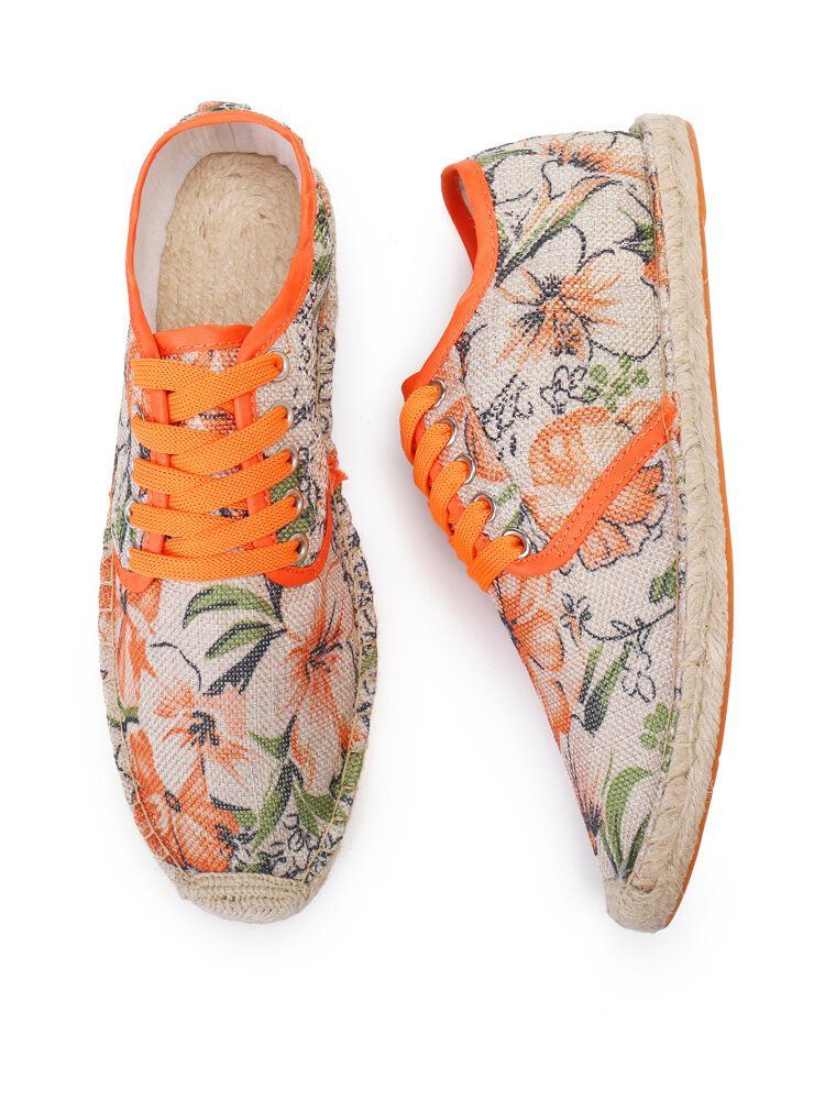 Bequeme Atmungsaktive Tragbare Und Schnürbare Espadrille Schuhe Aus Leinen Mit Blumenmuster Für Damen