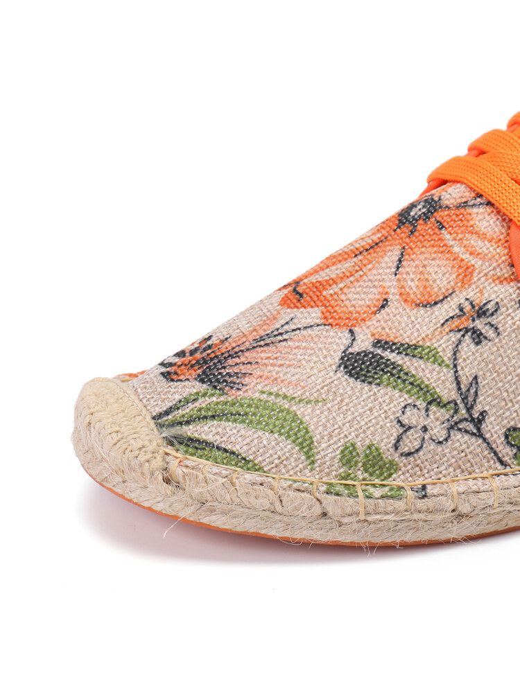 Bequeme Atmungsaktive Tragbare Und Schnürbare Espadrille Schuhe Aus Leinen Mit Blumenmuster Für Damen