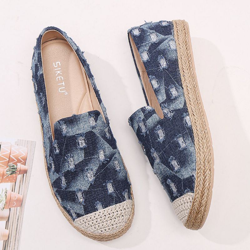 Bequeme Denim Espadrilles Mit Zerrissenem Design Für Damen Flache Schuhe Loafer