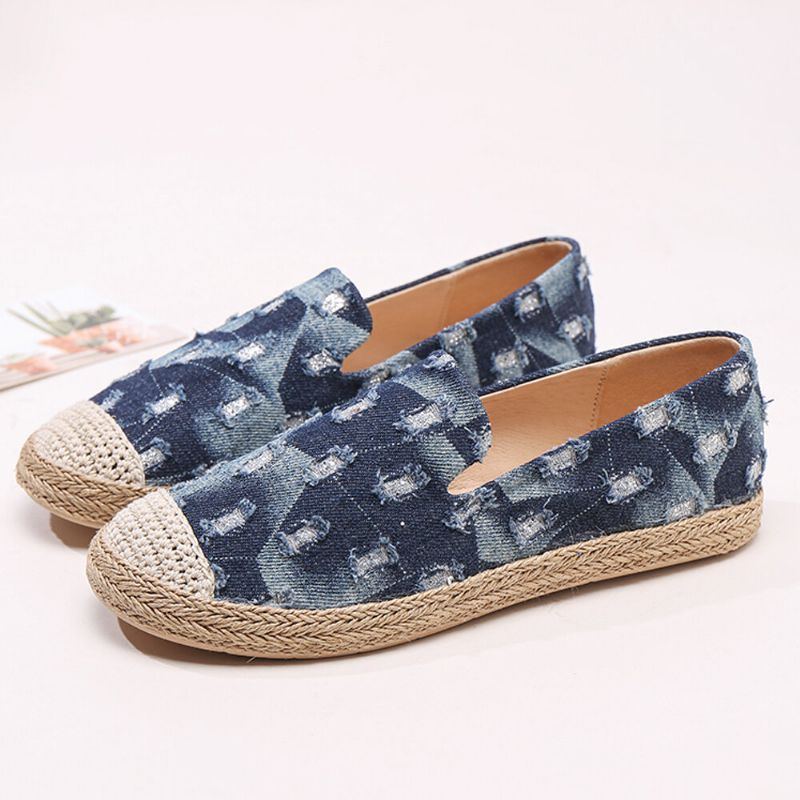 Bequeme Denim Espadrilles Mit Zerrissenem Design Für Damen Flache Schuhe Loafer