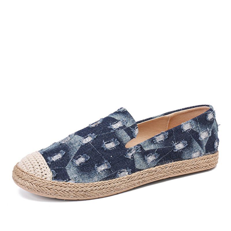 Bequeme Denim Espadrilles Mit Zerrissenem Design Für Damen Flache Schuhe Loafer