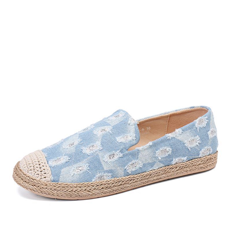 Bequeme Denim Espadrilles Mit Zerrissenem Design Für Damen Flache Schuhe Loafer