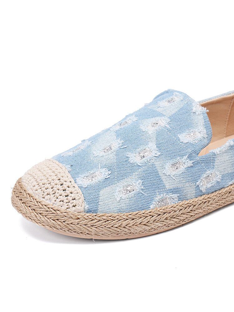 Bequeme Denim Espadrilles Mit Zerrissenem Design Für Damen Flache Schuhe Loafer