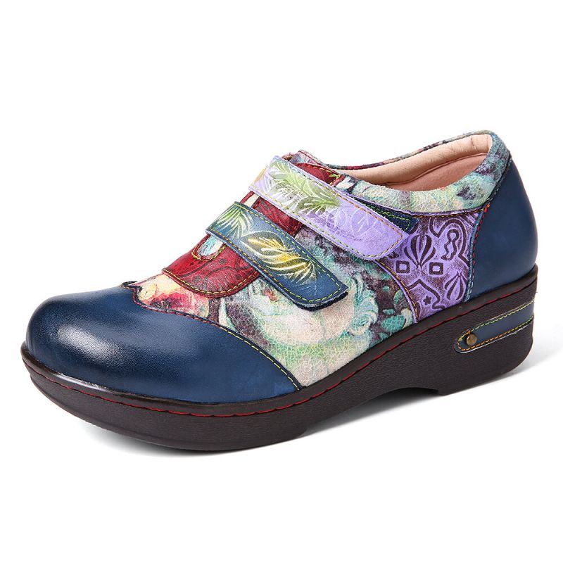 Bequeme Flache Damenschuhe Aus Echtem Leder Mit Retro Farben Und Blumenprägung