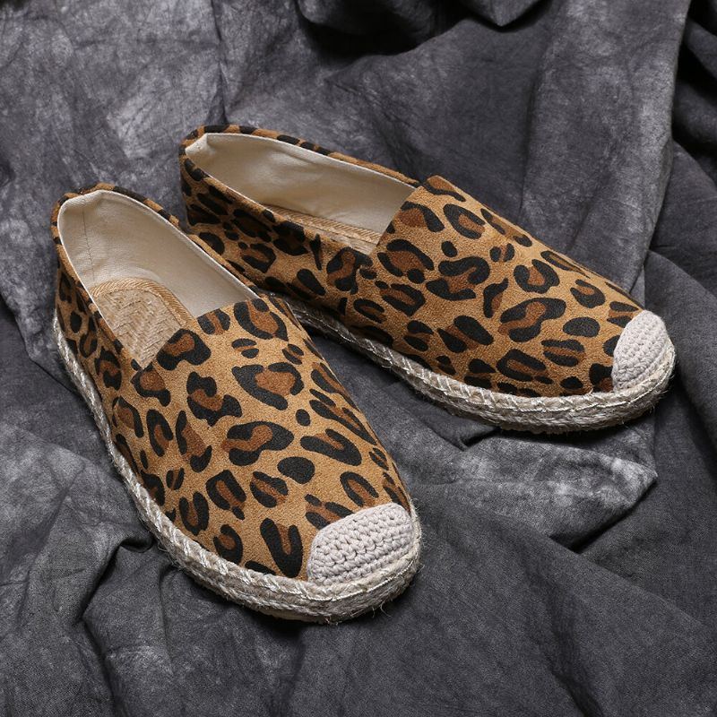 Bequeme Leichte Lässige Espadrille Flats Zum Hineinschlüpfen Für Damen Mit Leopardenmuster