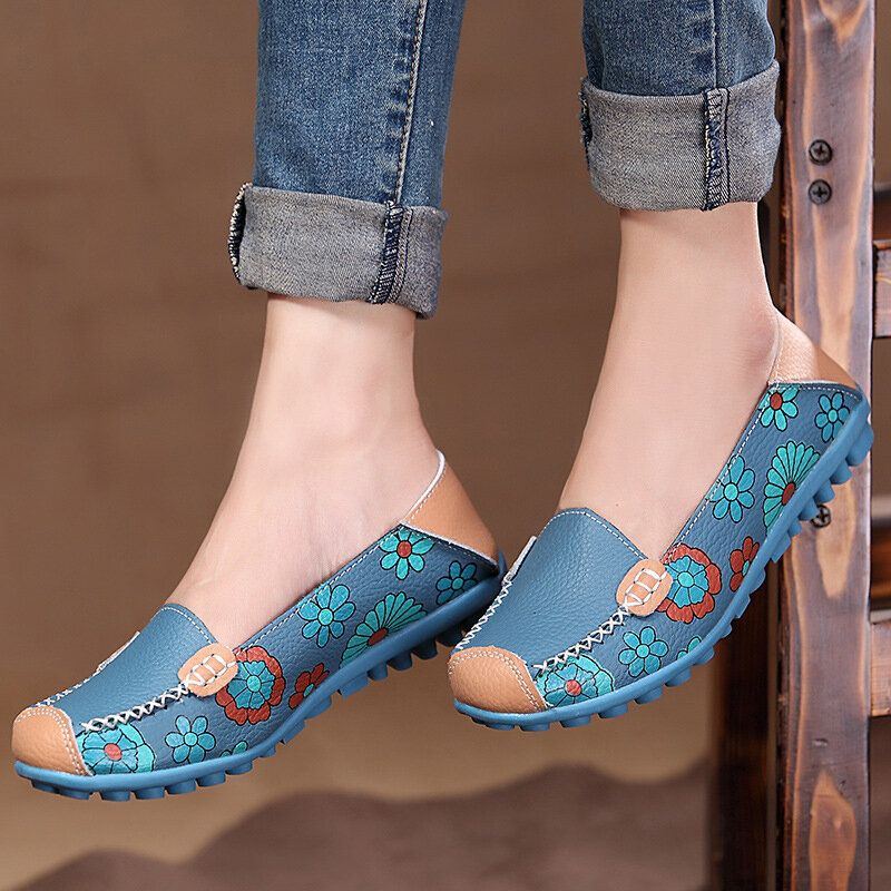 Big Size Damen Flower Floral Leder Loafers Mokassins Flats Weiche Ballettschuhe Round Toe Flats