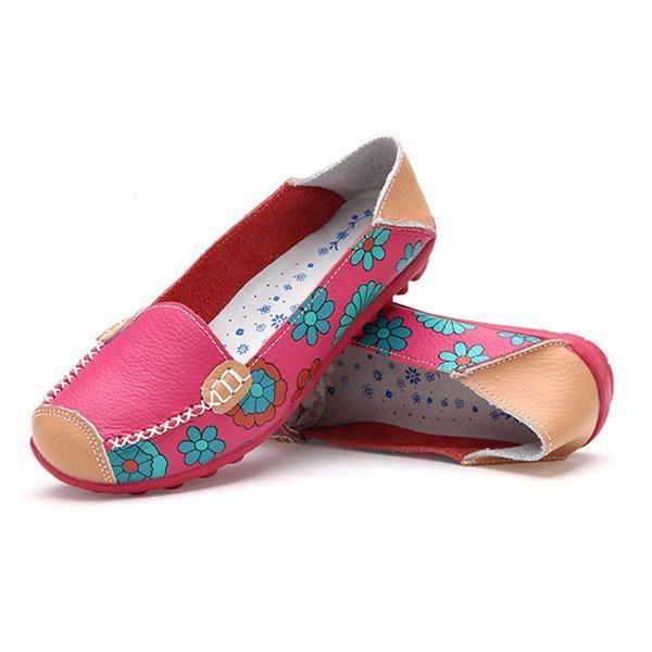 Big Size Damen Flower Floral Leder Loafers Mokassins Flats Weiche Ballettschuhe Round Toe Flats