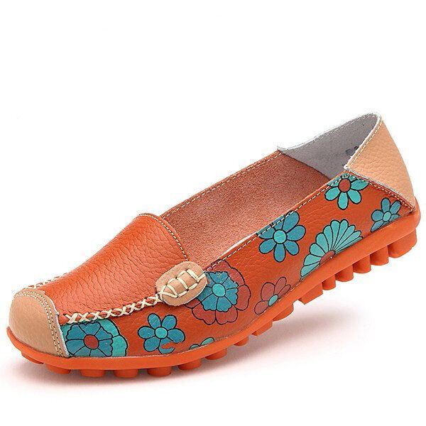 Big Size Damen Flower Floral Leder Loafers Mokassins Flats Weiche Ballettschuhe Round Toe Flats