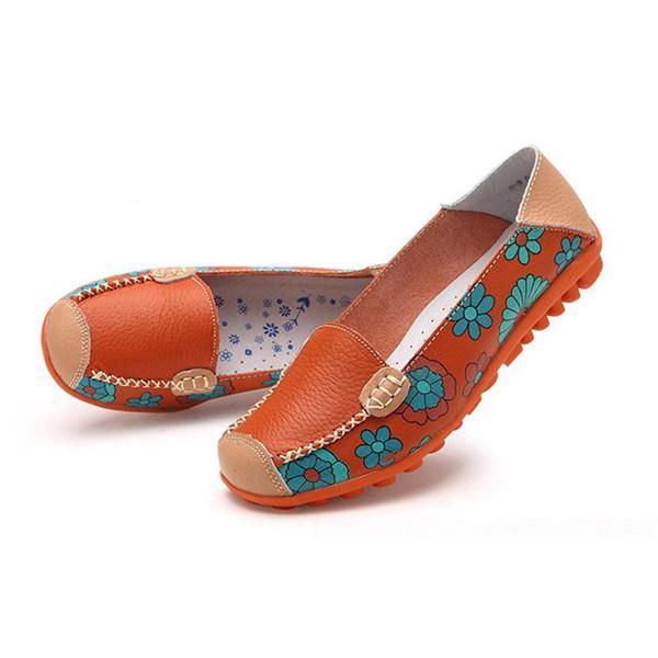 Big Size Damen Flower Floral Leder Loafers Mokassins Flats Weiche Ballettschuhe Round Toe Flats