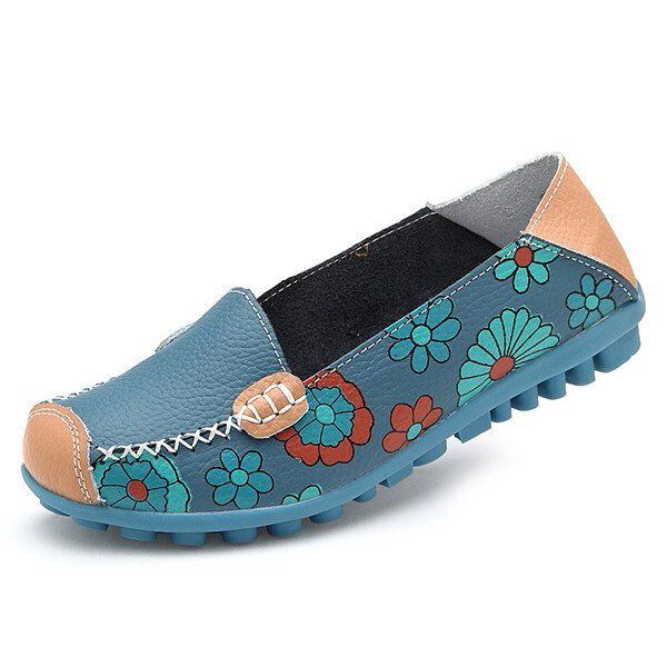 Big Size Damen Flower Floral Leder Loafers Mokassins Flats Weiche Ballettschuhe Round Toe Flats