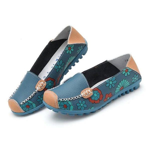 Big Size Damen Flower Floral Leder Loafers Mokassins Flats Weiche Ballettschuhe Round Toe Flats