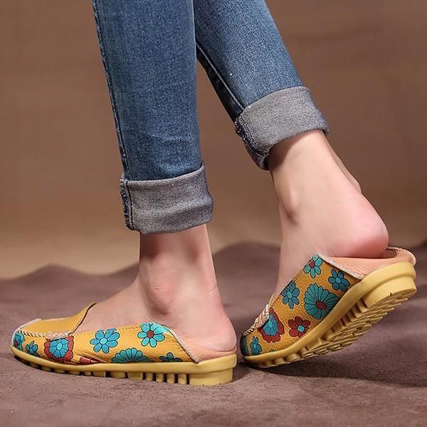 Big Size Damen Flower Floral Leder Loafers Mokassins Flats Weiche Ballettschuhe Round Toe Flats