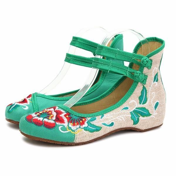 Big Size Damen Mary Janes Chinesisch Bestickte Blume Flache Schuhe Leinen Müßiggänger