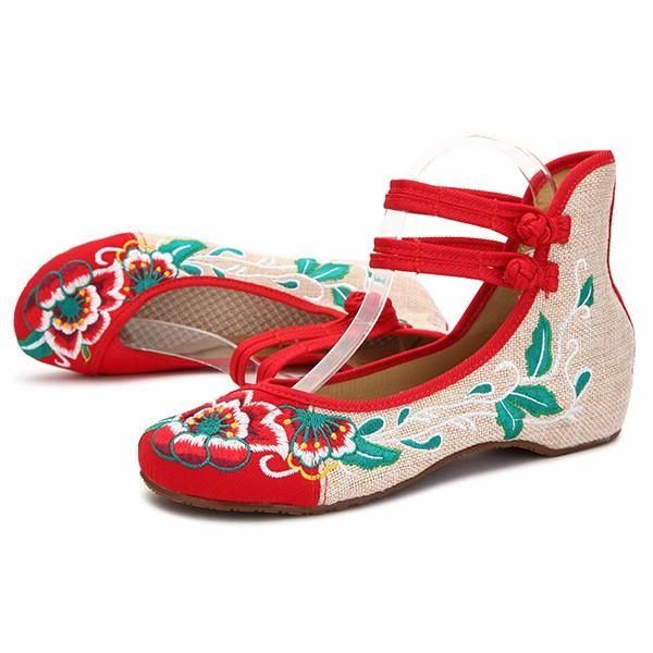 Big Size Damen Mary Janes Chinesisch Bestickte Blume Flache Schuhe Leinen Müßiggänger