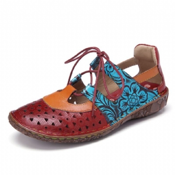 Böhmische Colorblock Damenschuhe Aus Weichem Leder Mit Blumenschnürung Und Ausschnitten