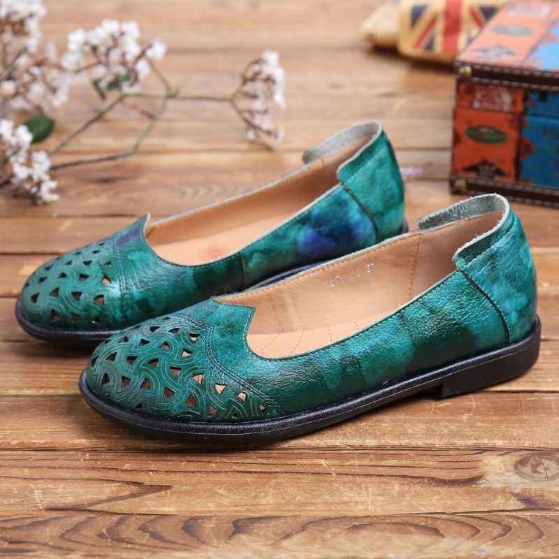 Böhmisches Leder Für Damen Hohl Batik Weiche Lässige Slip On Loafer Flache Schuhe