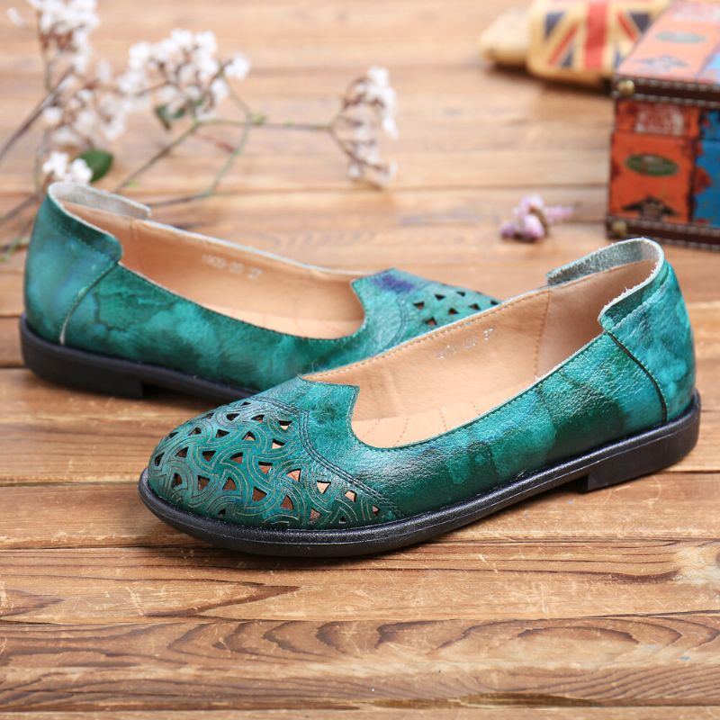 Böhmisches Leder Für Damen Hohl Batik Weiche Lässige Slip On Loafer Flache Schuhe