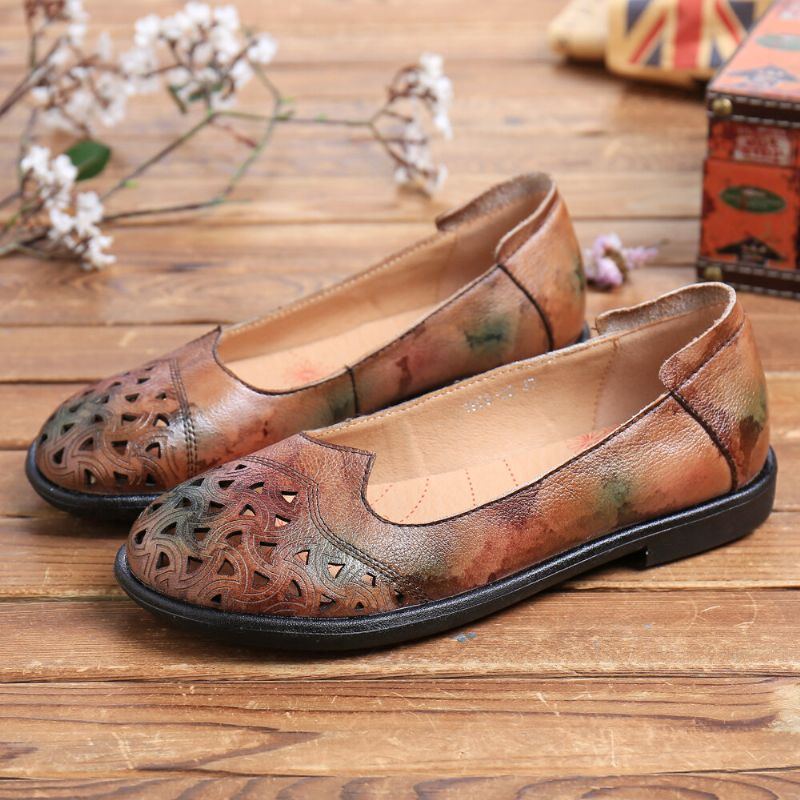 Böhmisches Leder Für Damen Hohl Batik Weiche Lässige Slip On Loafer Flache Schuhe