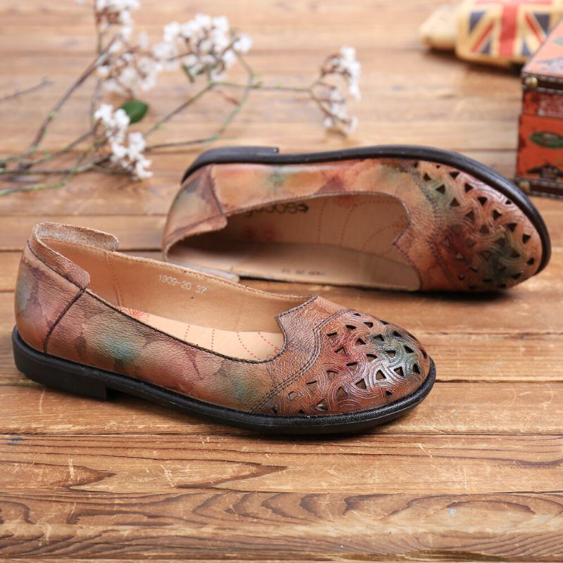 Böhmisches Leder Für Damen Hohl Batik Weiche Lässige Slip On Loafer Flache Schuhe