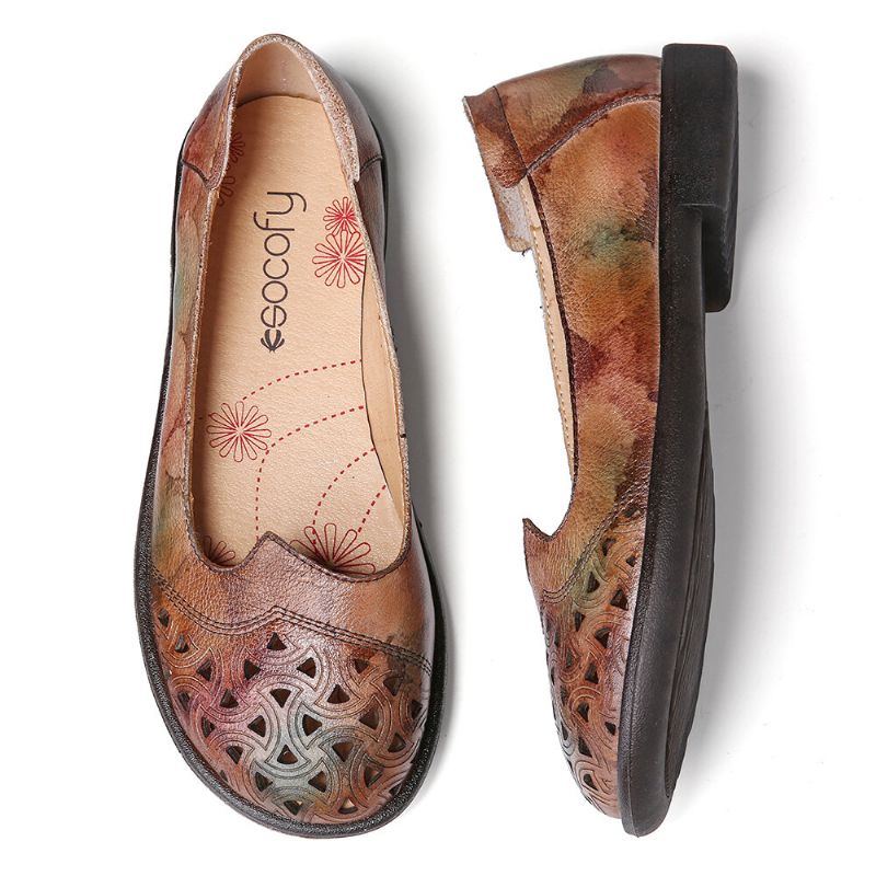 Böhmisches Leder Für Damen Hohl Batik Weiche Lässige Slip On Loafer Flache Schuhe