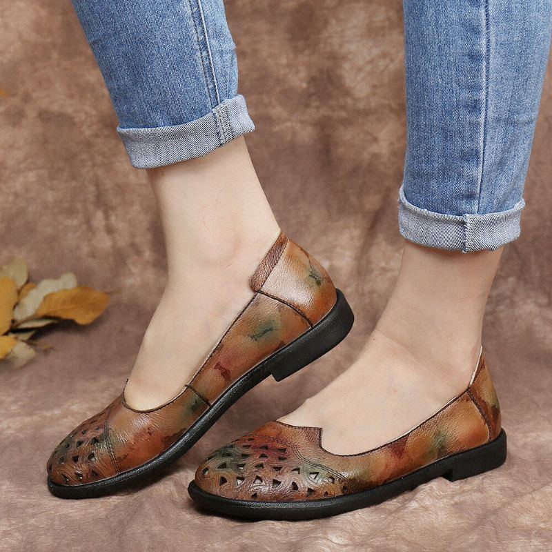 Böhmisches Leder Für Damen Hohl Batik Weiche Lässige Slip On Loafer Flache Schuhe