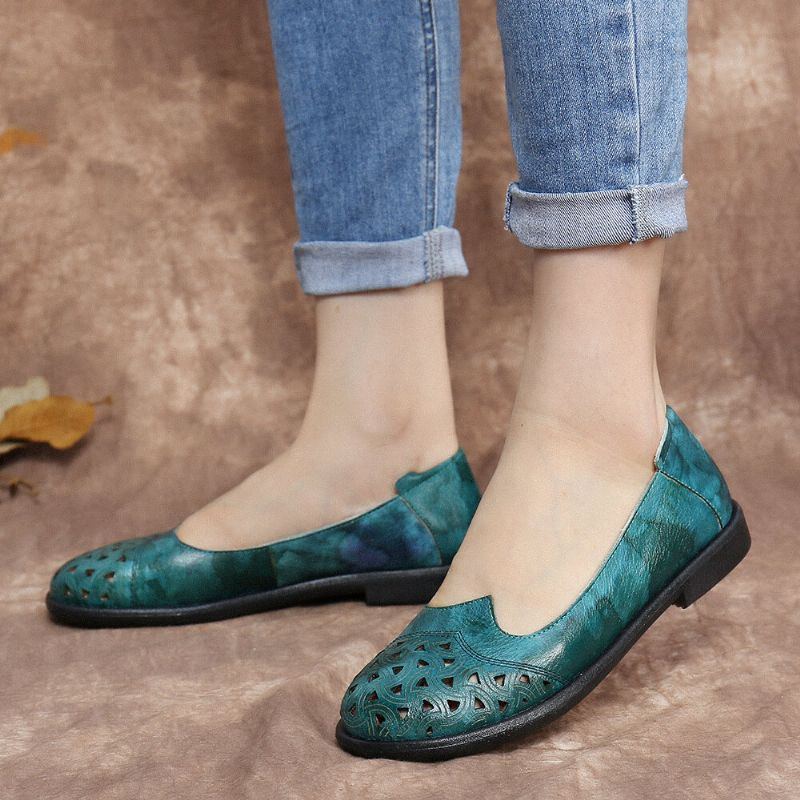 Böhmisches Leder Für Damen Hohl Batik Weiche Lässige Slip On Loafer Flache Schuhe